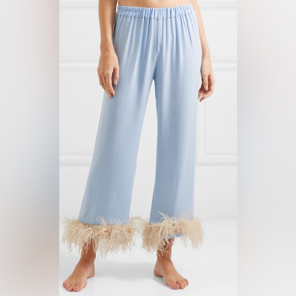 Sleeper -  Blue/Beige Pajama Party Pants Ostrich Feather Pants